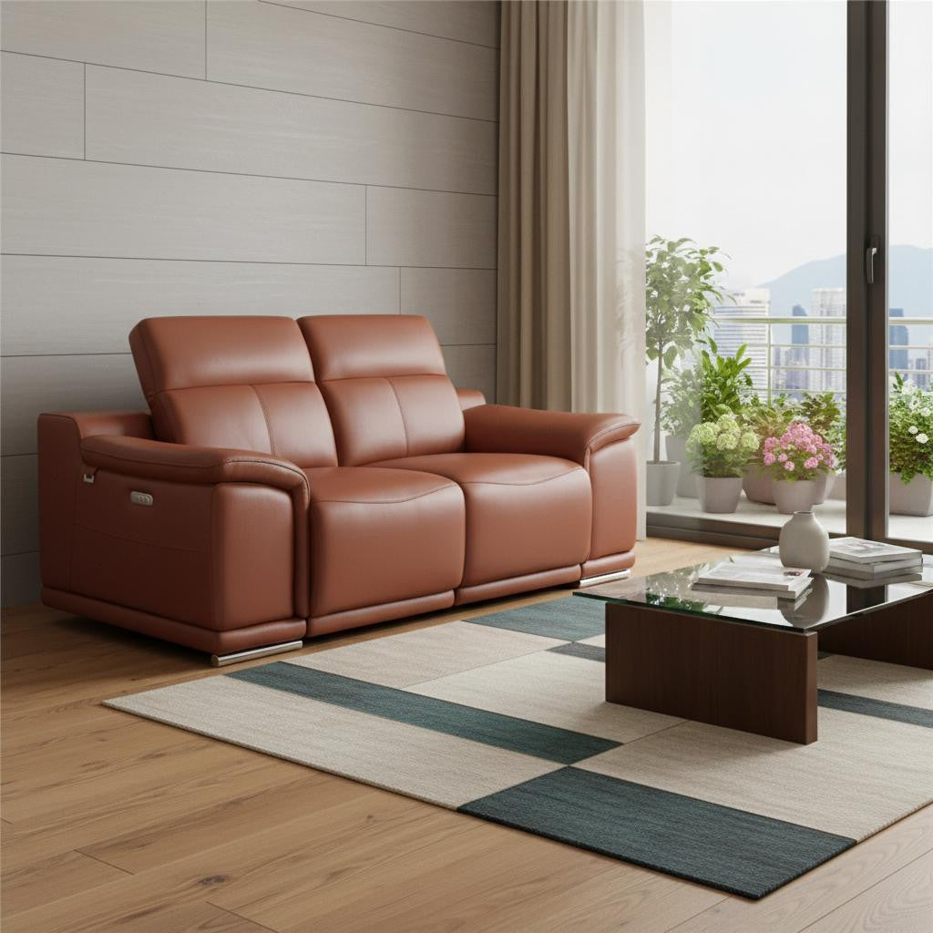 72" Camel Italian Leather Power Reclining Loveseat with Silver Legs