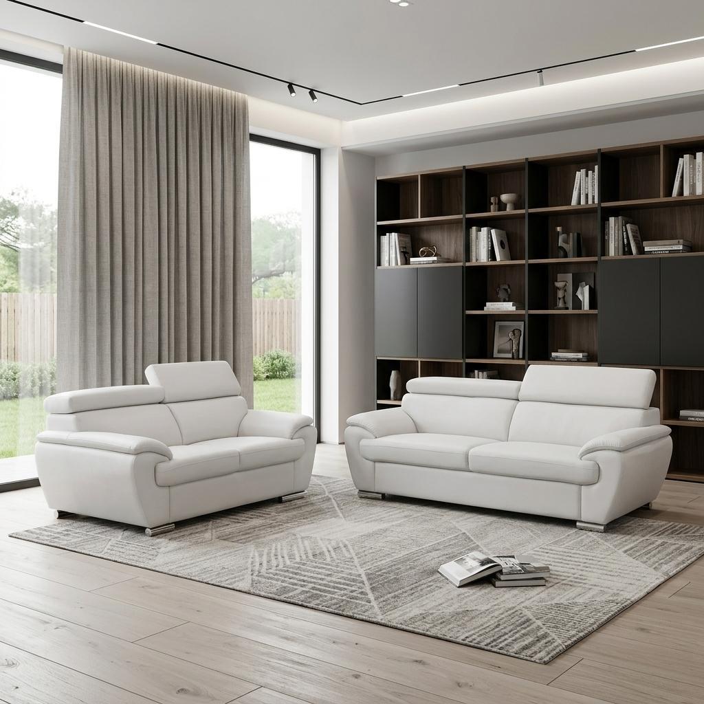 Modern 39" Deep White Genuine Leather 2 Piece Living Room Set