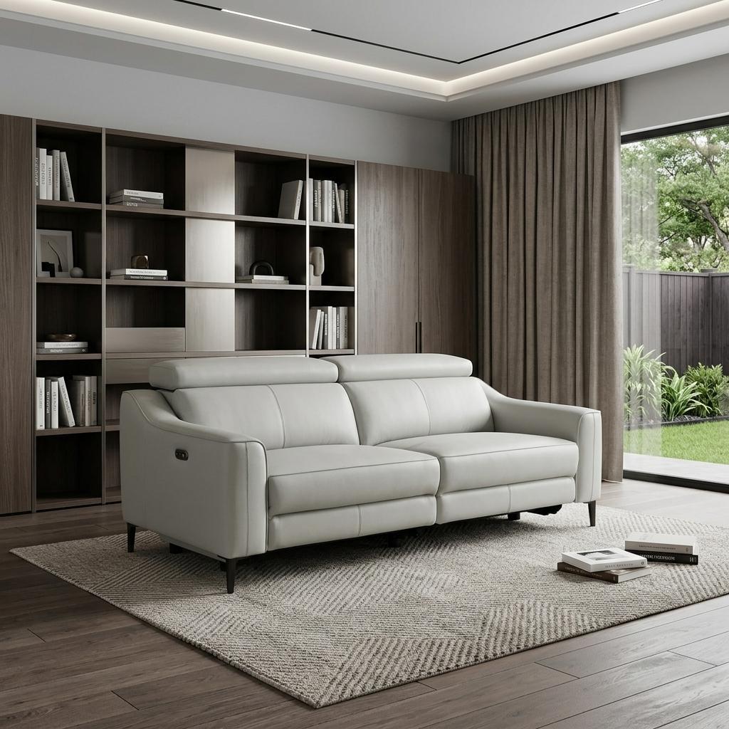 74" Contemporary Gray Genuine Leather Power Reclining Sofa with Black Metal Legs
