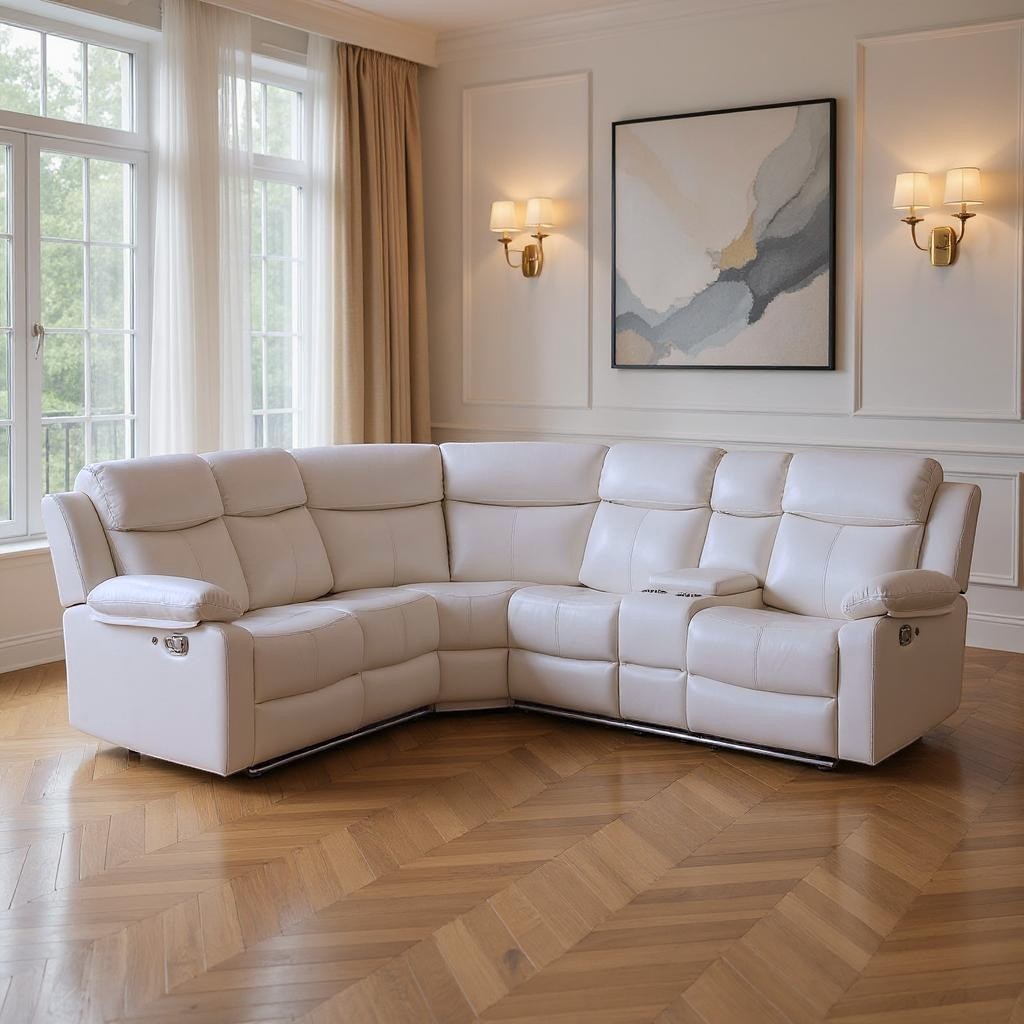 Off-White Faux Leather Reclining Curved 6-Piece Right Hand Facing Sectional