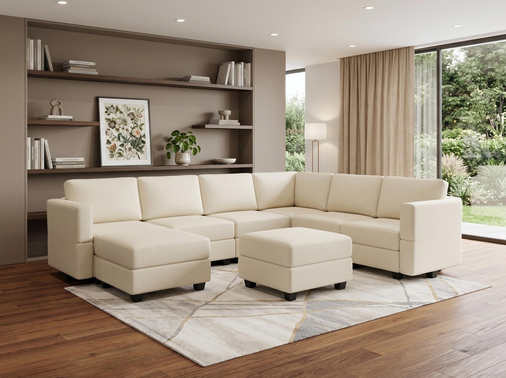 Modern Beige Faux Leather Modular U-Shaped 9-Piece Reversible Corner Sectional