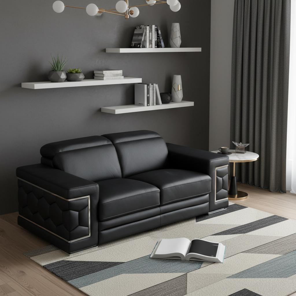 71" Modern Black Genuine Leather Loveseat with Silver Legs