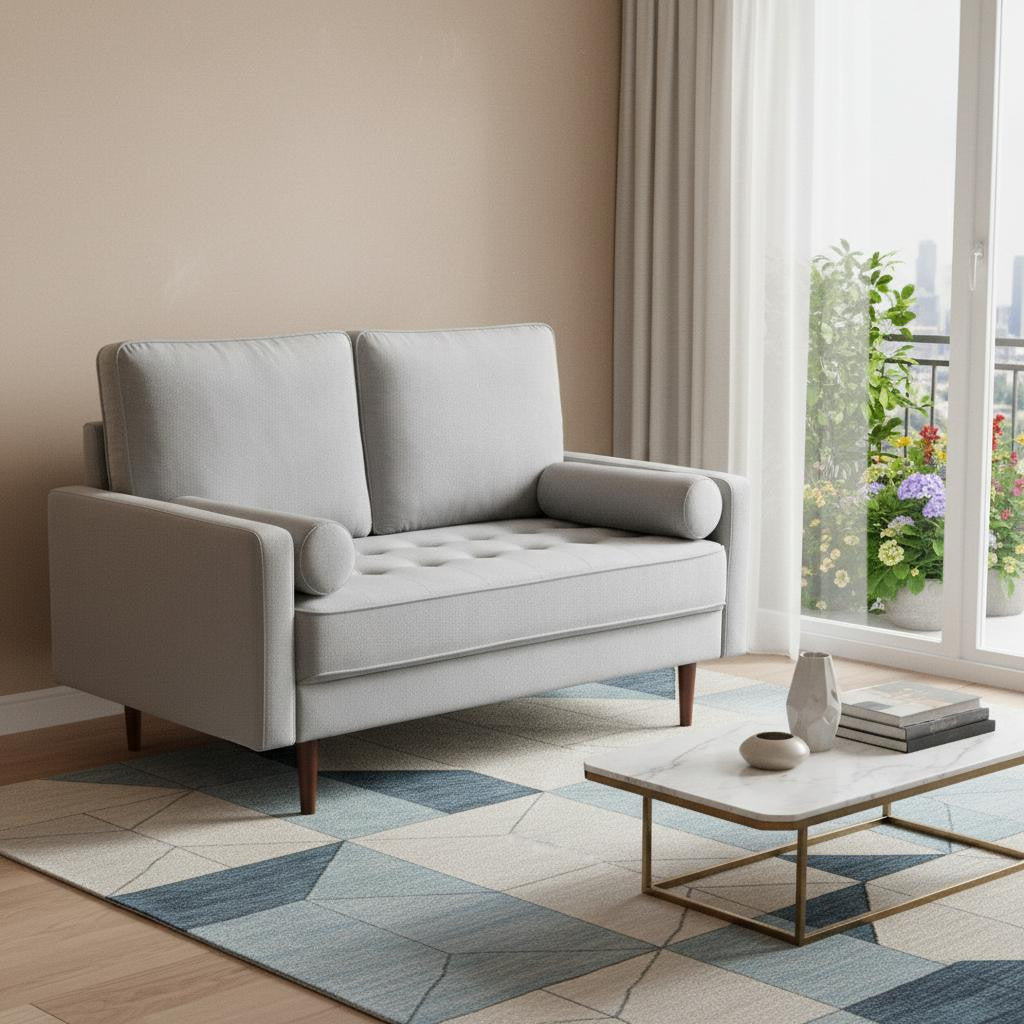 57" Mid-Century Gray Velvet Loveseat with Dark Brown Wood Legs