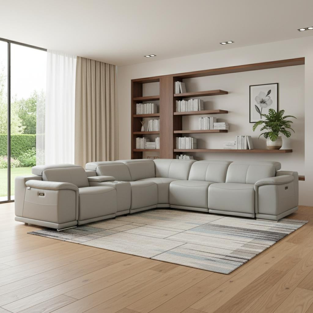Light Gray Italian Leather Power Reclining U-Shaped 6 Pcs Corner Sectional