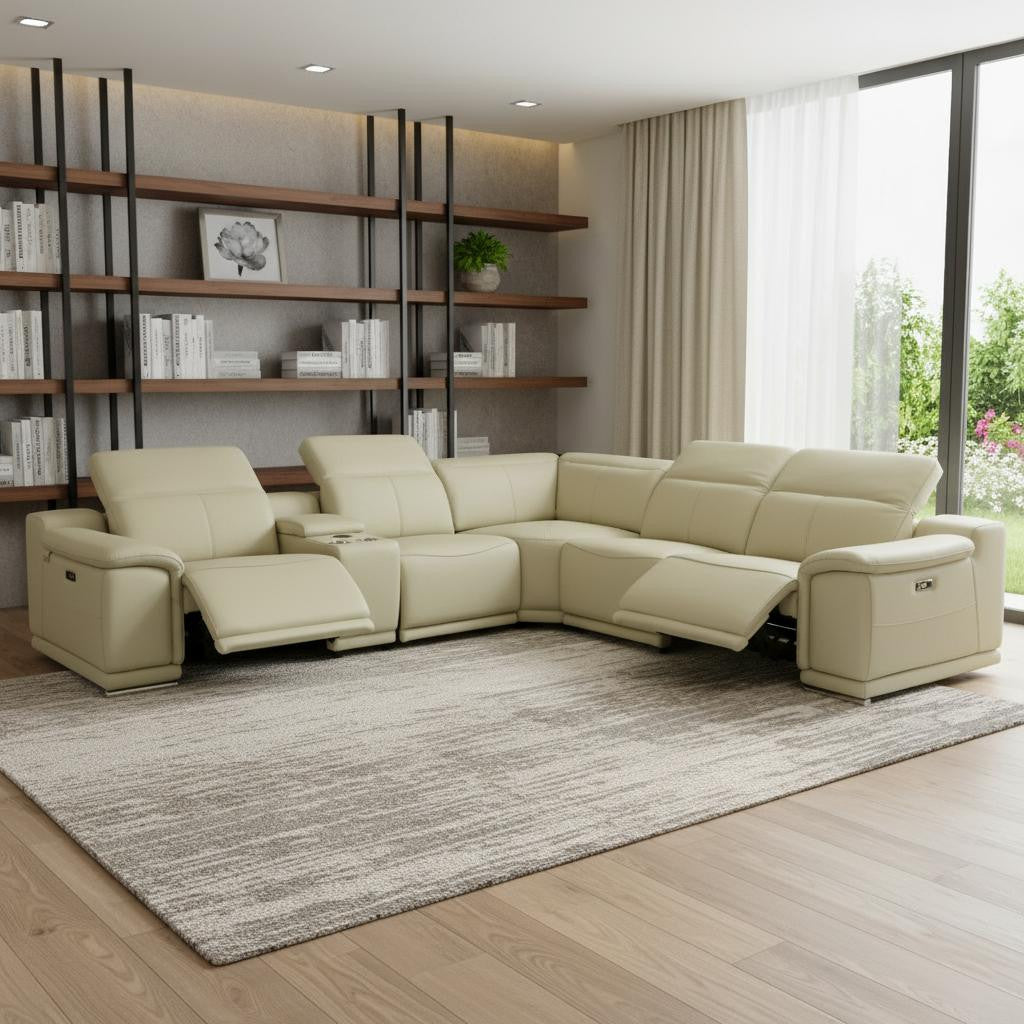 Modern Beige Italian Leather Power Reclining U-Shaped 6-Piece Symmetrical Corner Sectional