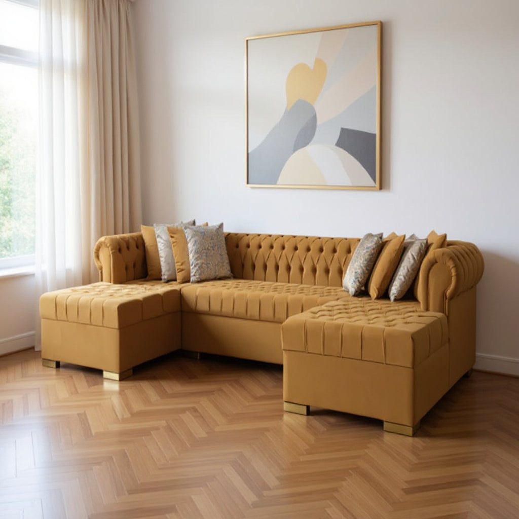 Modern Glam Mustard Velvet U-Shaped 3-Piece Symmetrical Sofa and Chaise Sectional