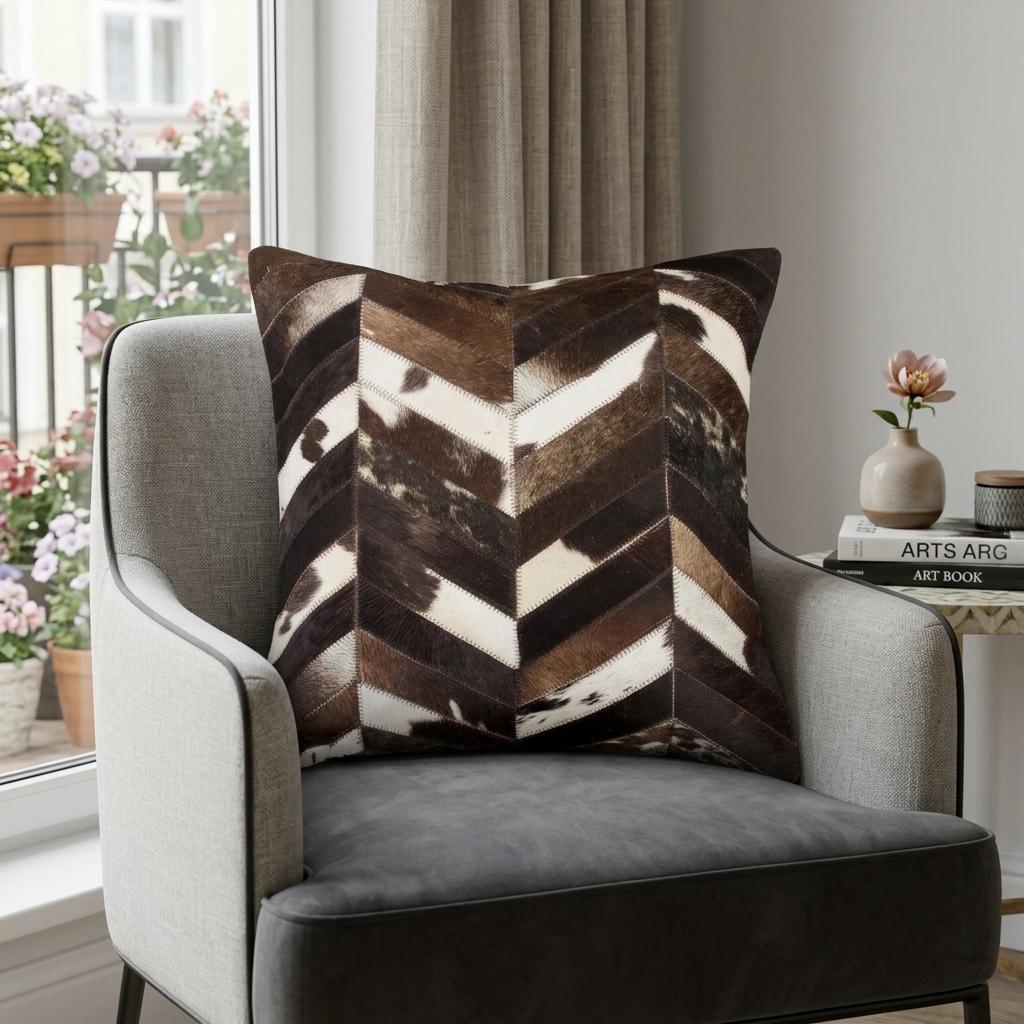 Brown and Off White Chevron Cowhide Accent Throw Pillow