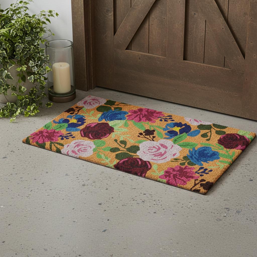 24" x 36" Large Natural Pink & Green Floral Coir Outdoor Doormat