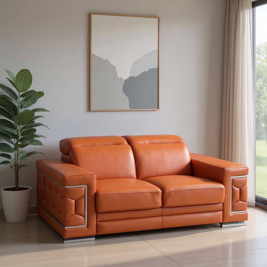 71" Camel Genuine Leather Loveseat with Silver Legs
