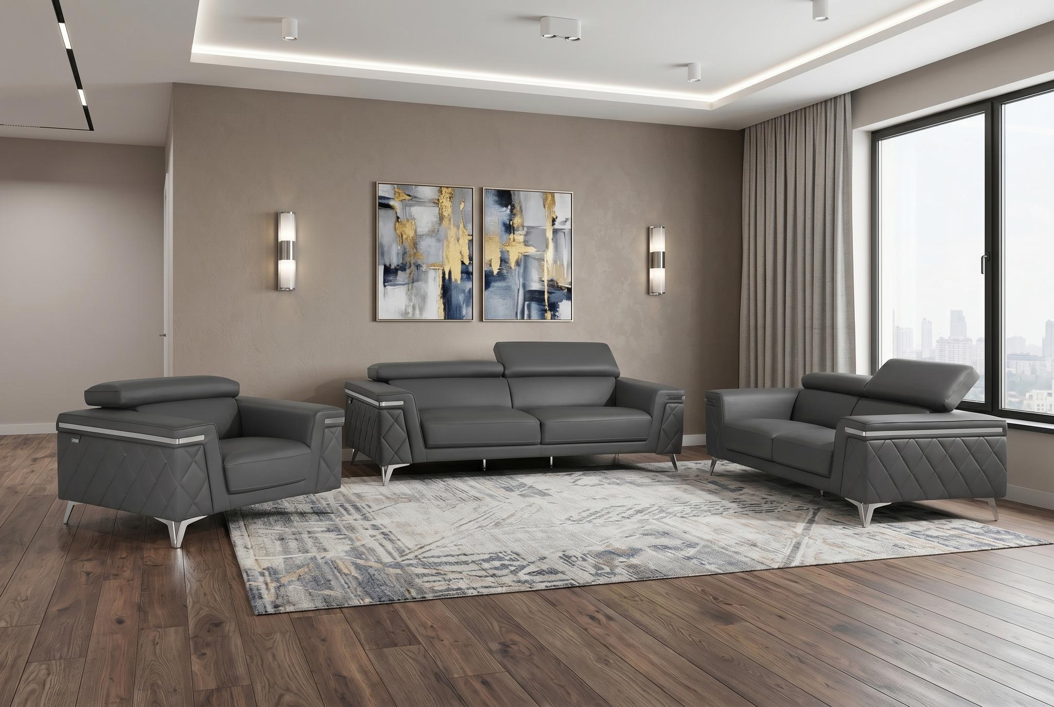 Contemporary 89" Charcoal Gray Top Grain Italian Leather 3-Piece Living Room Set