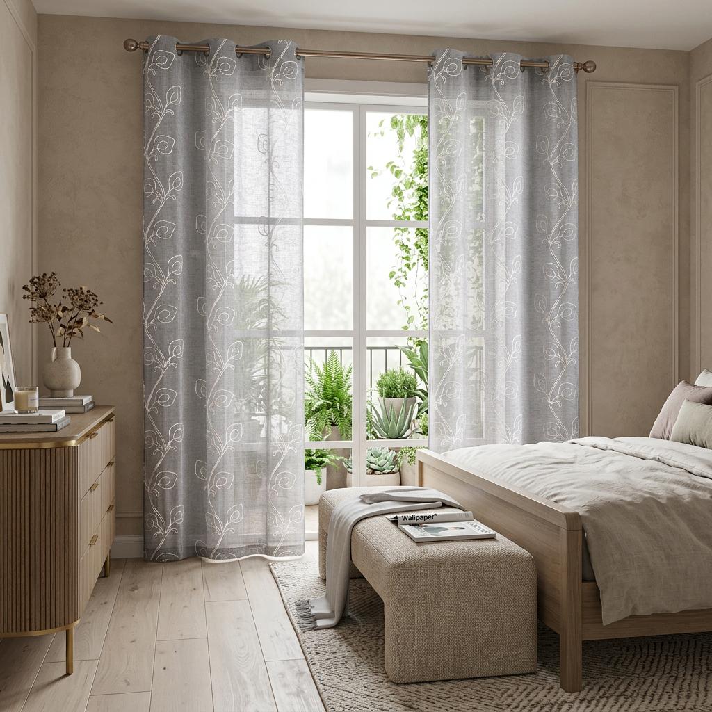 Set of 2 Silver Boho Embroidered Semi-Sheer Window Curtain Panels