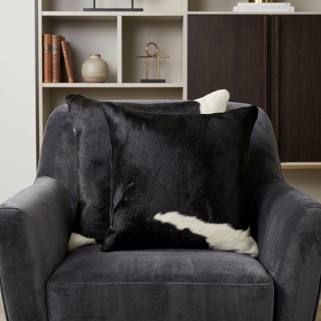 Black and White Set of 2 Square Genuine Leather Accent Pillows