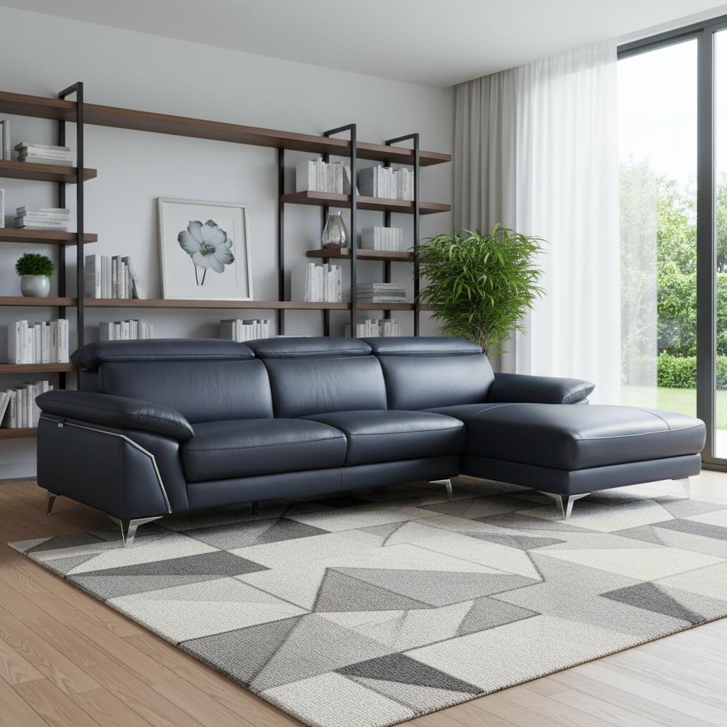 114" Modern Navy Blue Genuine Italian Leather L-Shaped 2-Piece Sectional