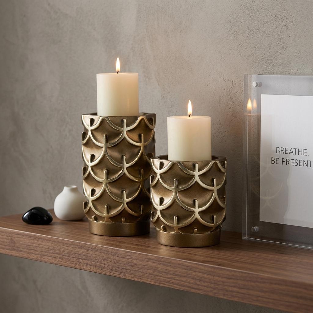 Set of 2 Antiqued Brass Pillar Candle Holders with Candles Included