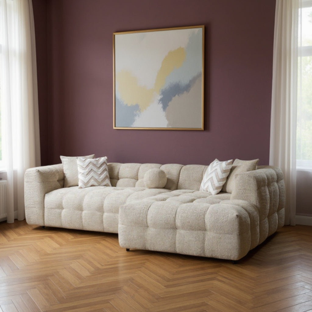 Modern Ivory Boucle L-Shaped 2-Piece Right Hand Facing Sofa and Chaise Sectional With Toss Pillows