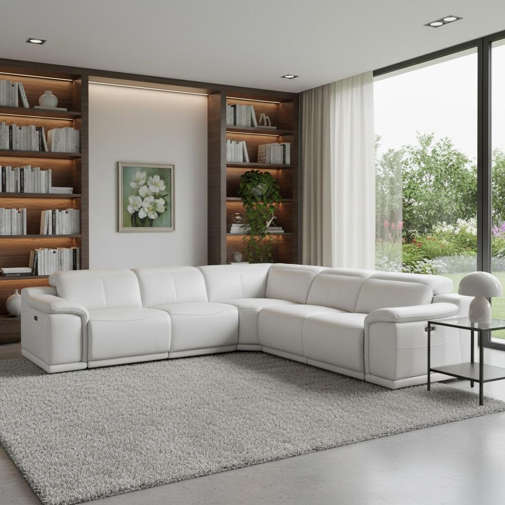 Modern White Italian Leather Power Reclining L-Shaped 5-Piece Symmetrical Corner Sectional