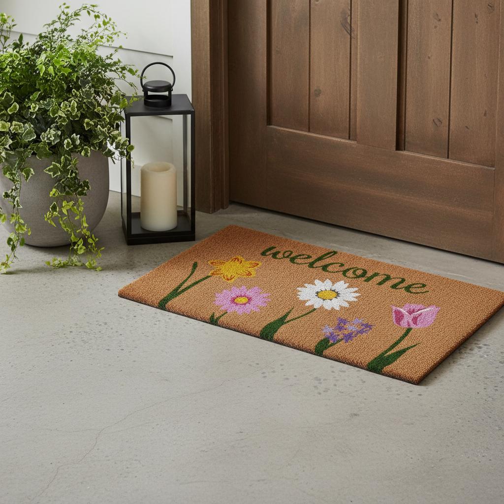 17" x 29" Natural Pink & Green Floral Coir Welcome Doormat