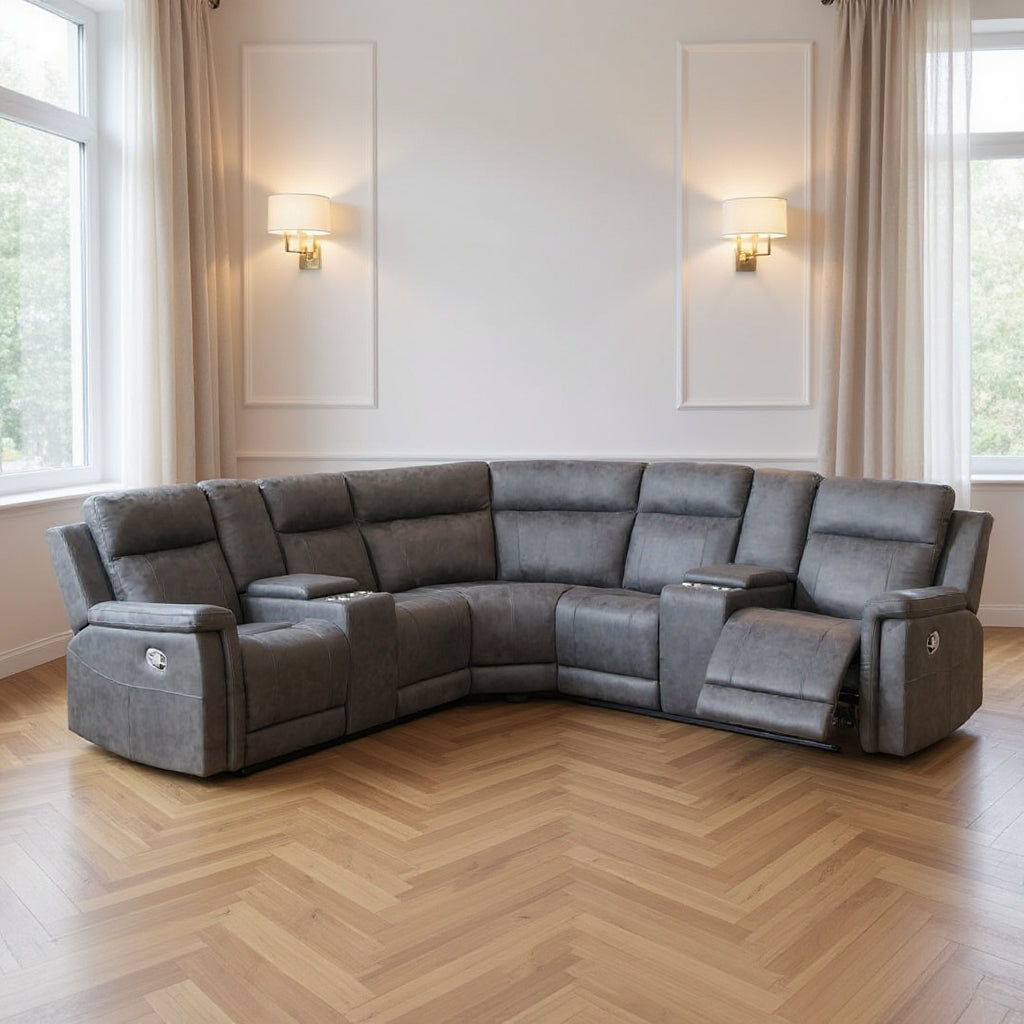 Transitional Gray Faux Leather Reclining Curved Symmetrical Corner Sectional