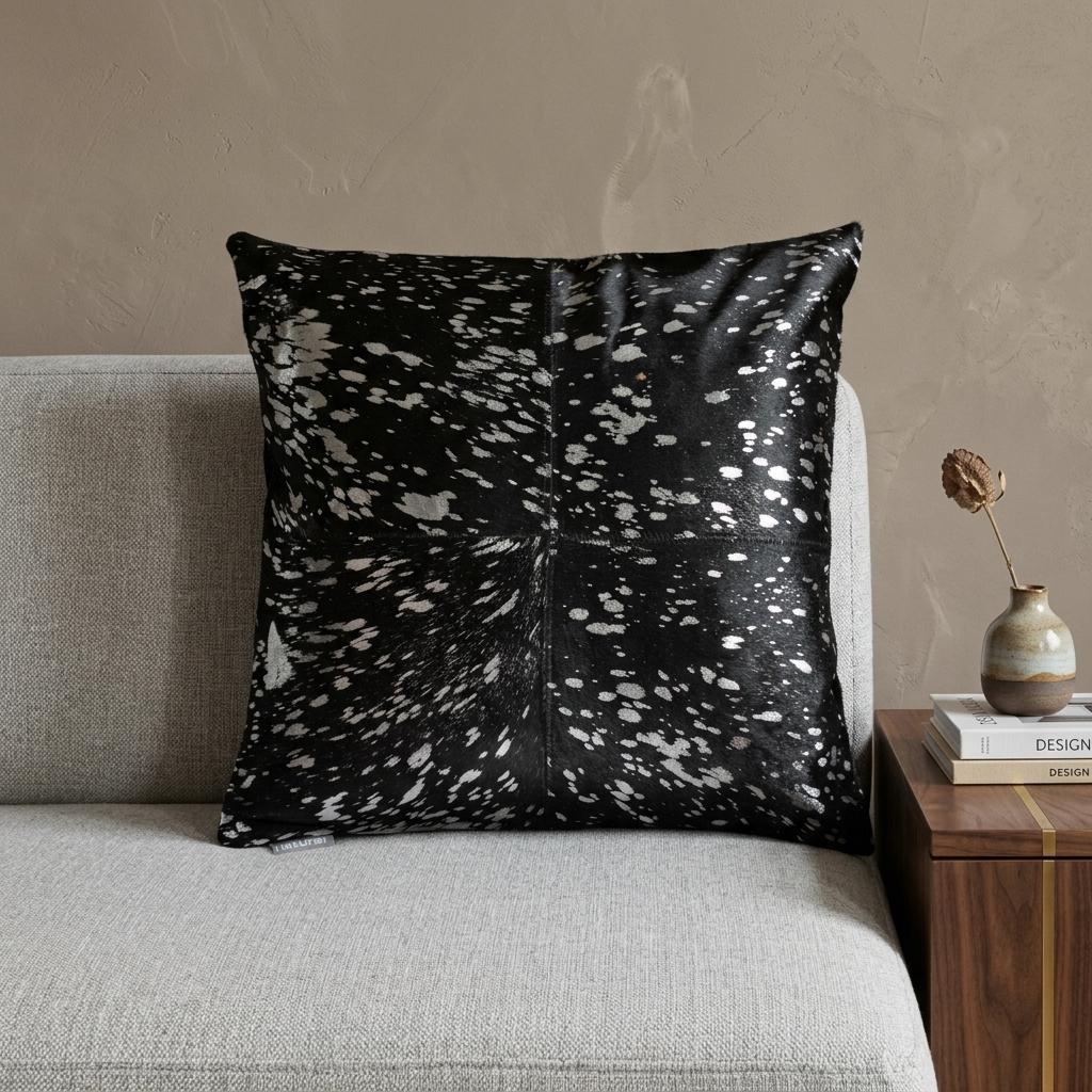 Black and Silver Metallic Genuine Leather Accent Throw Pillow