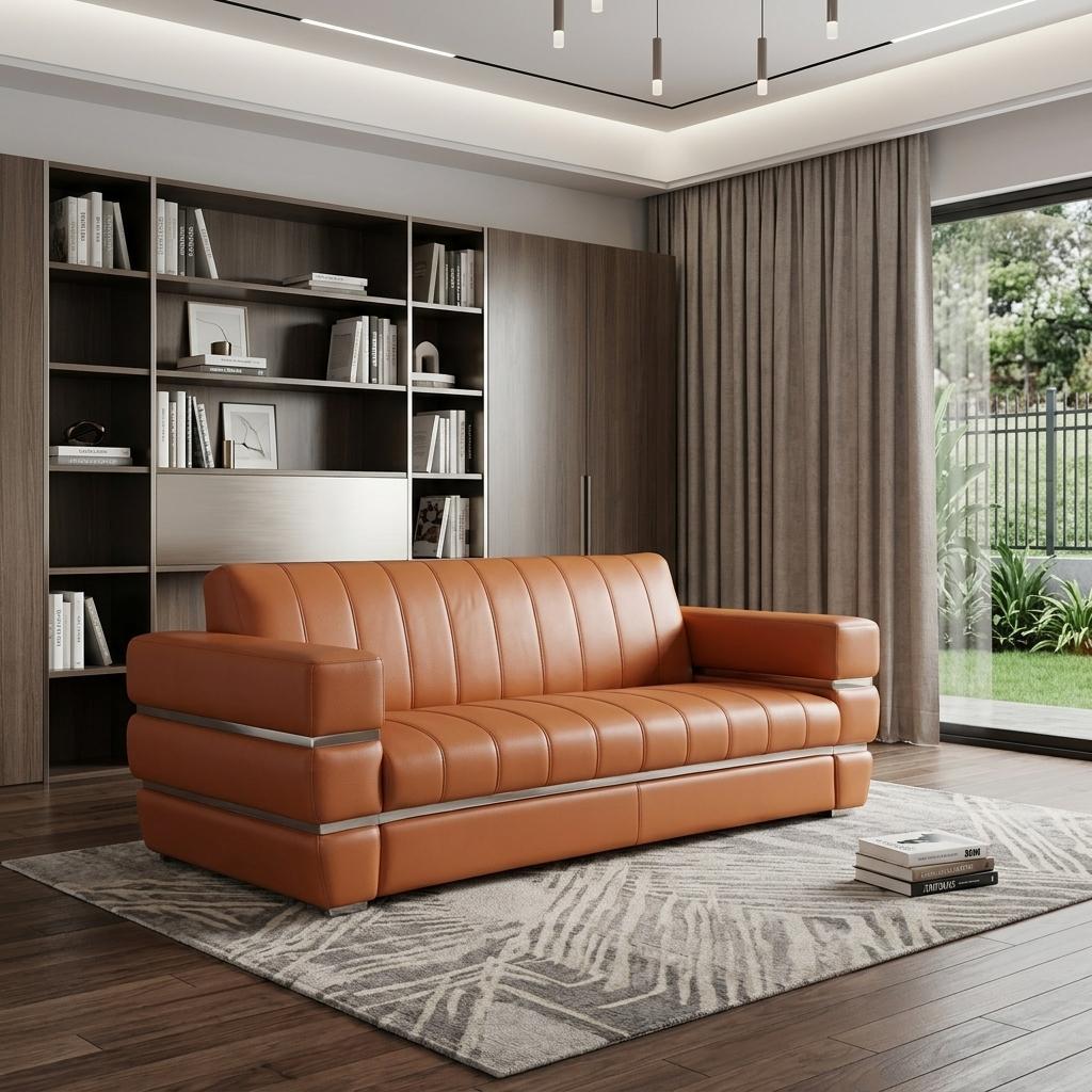 89" Modern Camel Italian Leather Sofa with Silver Legs