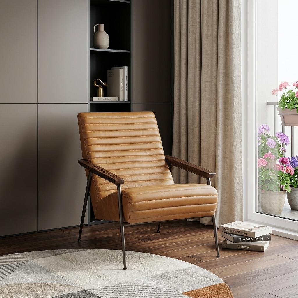Modern 37" Tan Faux Leather Tufted Lounge Chair
