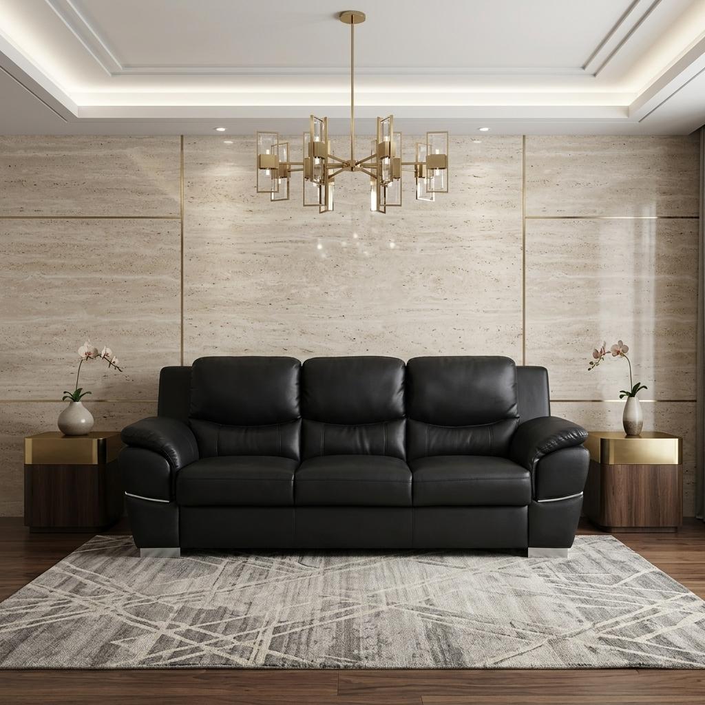 85" Modern Black Leather Sofa with Silver Stainless Steel Legs