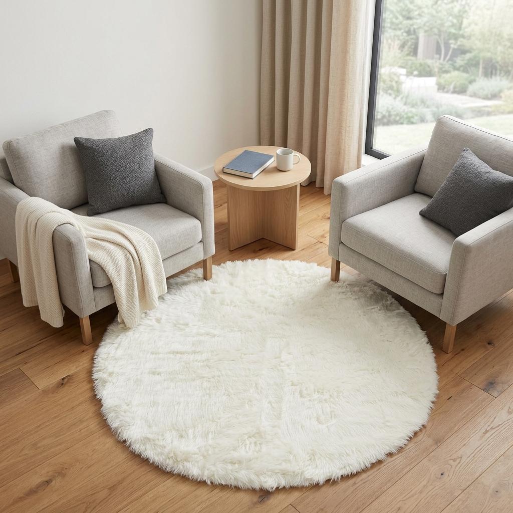 Off White Faux Fur Shag Washable Round Rug