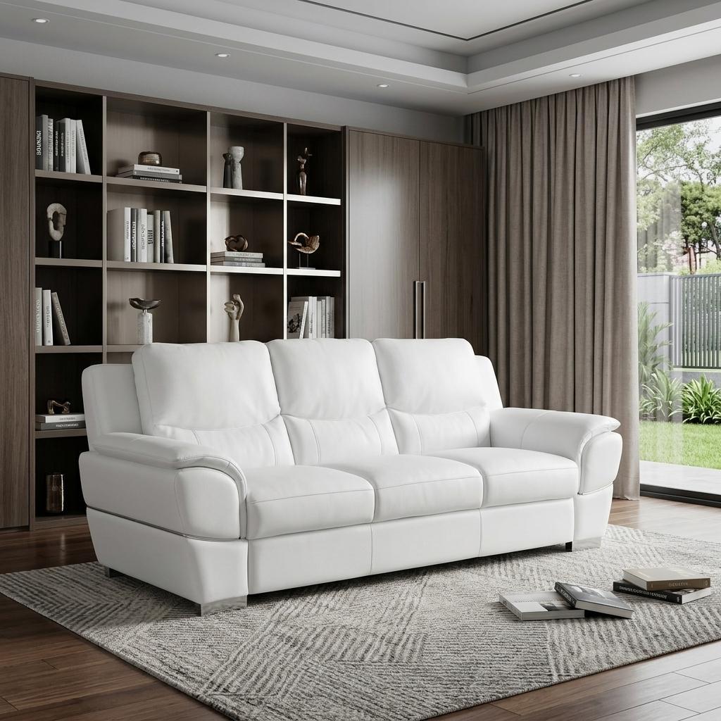 85" Modern White Leather Sofa with Silver Stainless Steel Legs