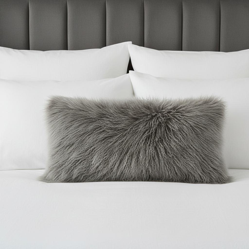 Grey Genuine Tibetan Lamb Fur Lumbar Pillow
