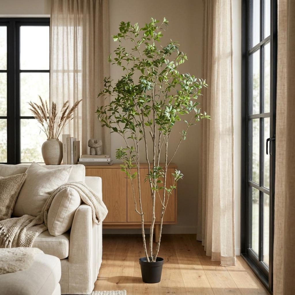 95" Large Green Artificial Floor Tree in Cylindrical Black Pot