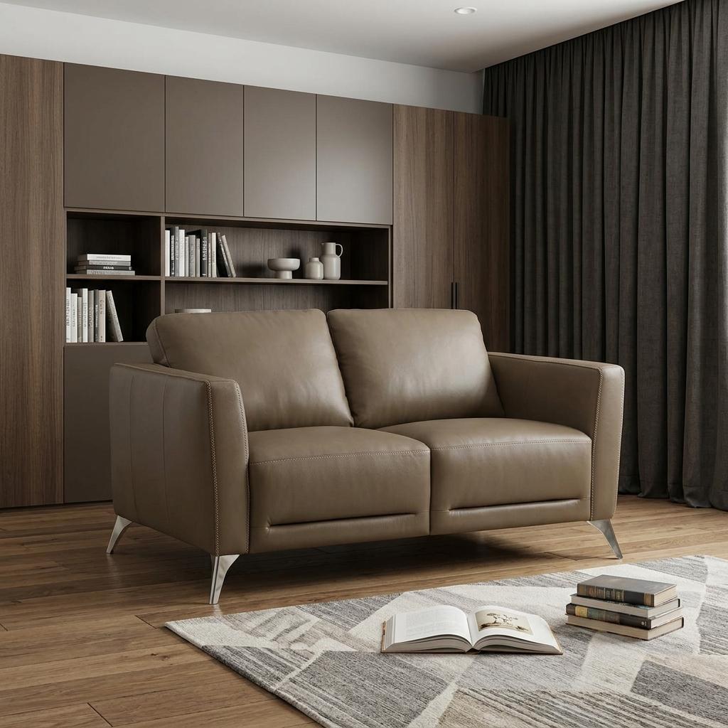 59" Contemporary Brown Genuine Leather Loveseat with Silver Legs