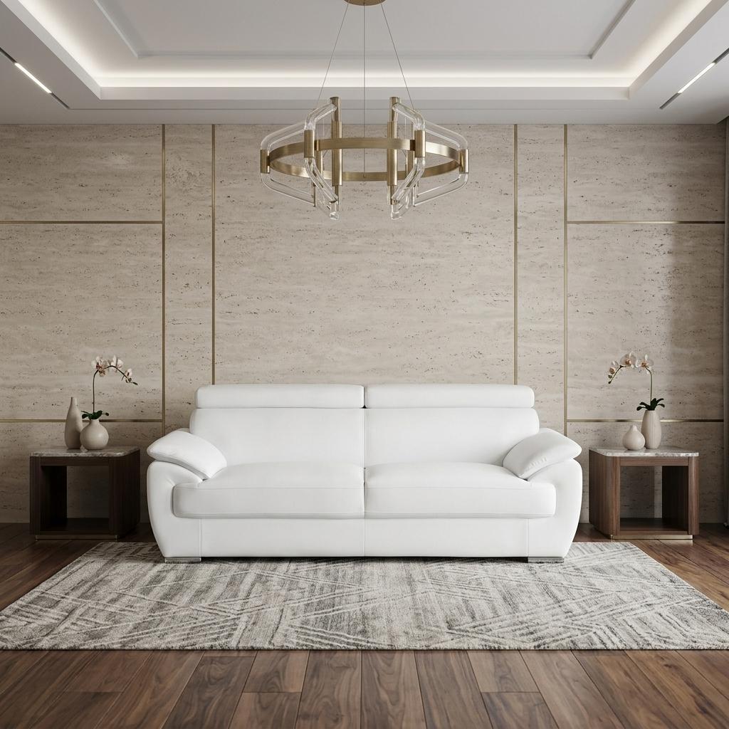 86" Modern White Leather Sofa with Silver Stainless Steel Legs