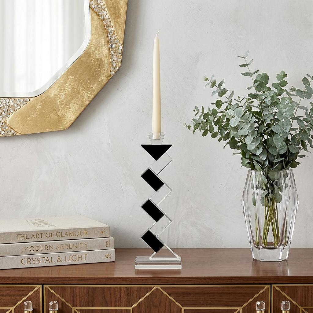 Handcrafted Black Crystal Geometric Pillar Candle Holder