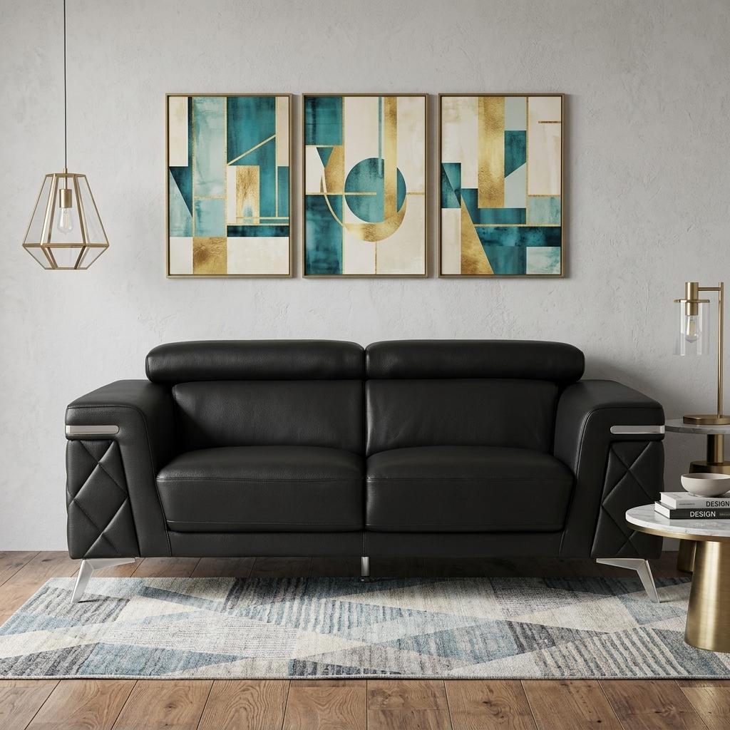 70" Contemporary Black Top Grain Leather Loveseat with Silver Metallic Legs