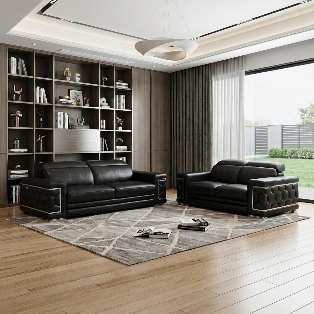 Modern 41" Extra Deep Black Italian Leather 2 Piece Living Room Set