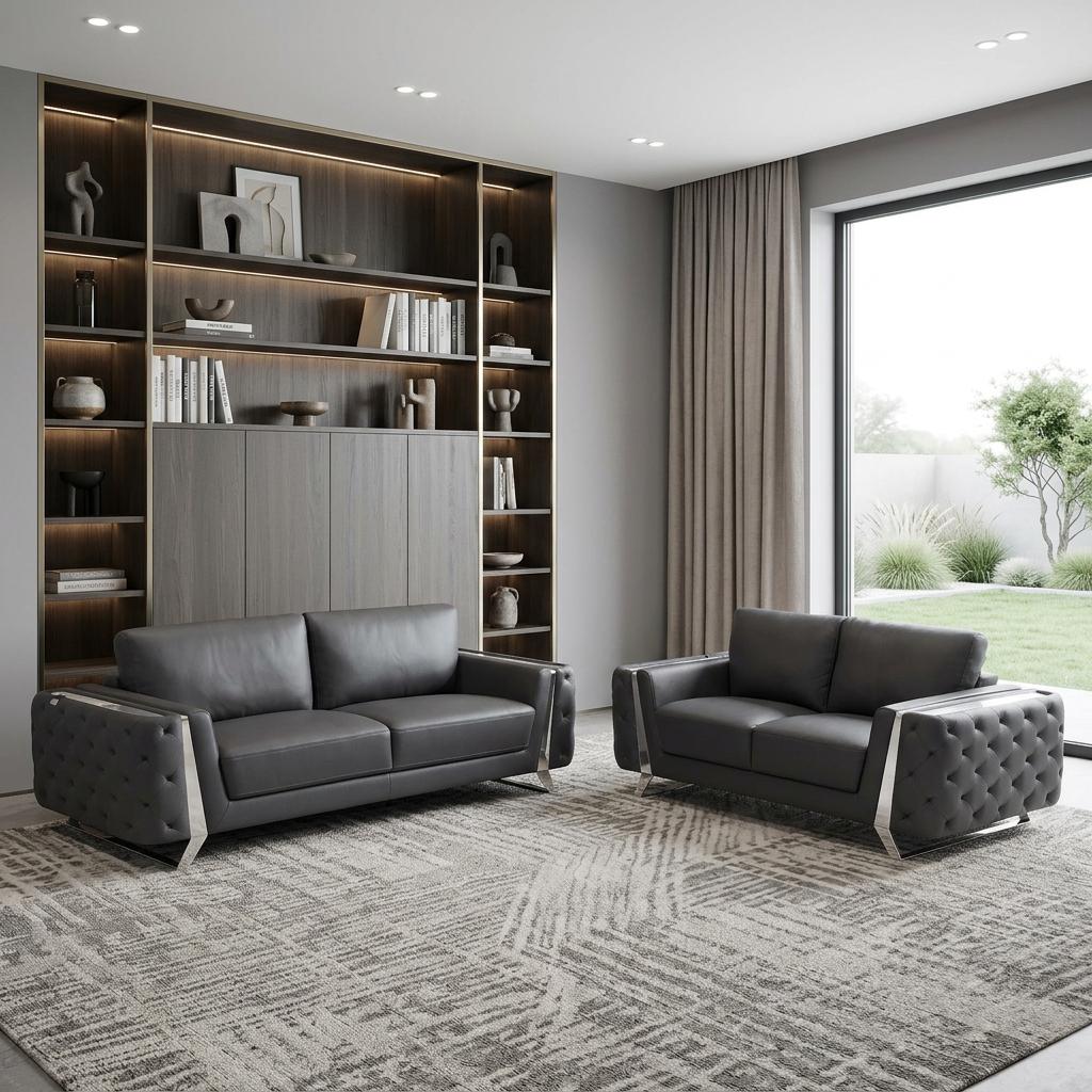 Contemporary 90" Dark Gray Top Grain Italian Leather 2 Piece Living Room Set
