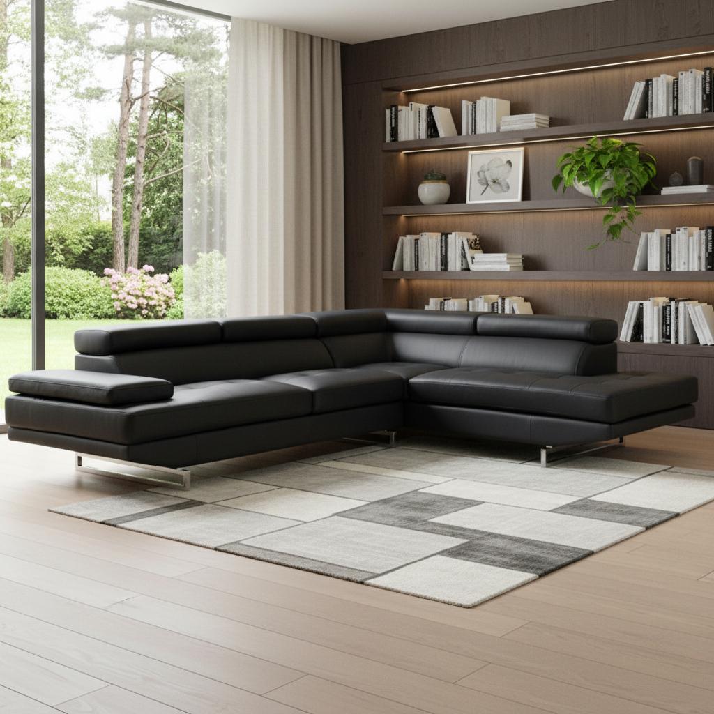 Modern Black Leather L-Shaped 2-Piece Corner Sectional