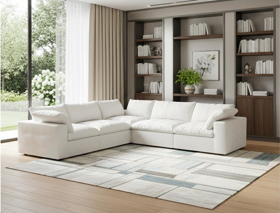 Modern White Linen Blend Modular L-Shaped 5-Piece Reversible Sectional