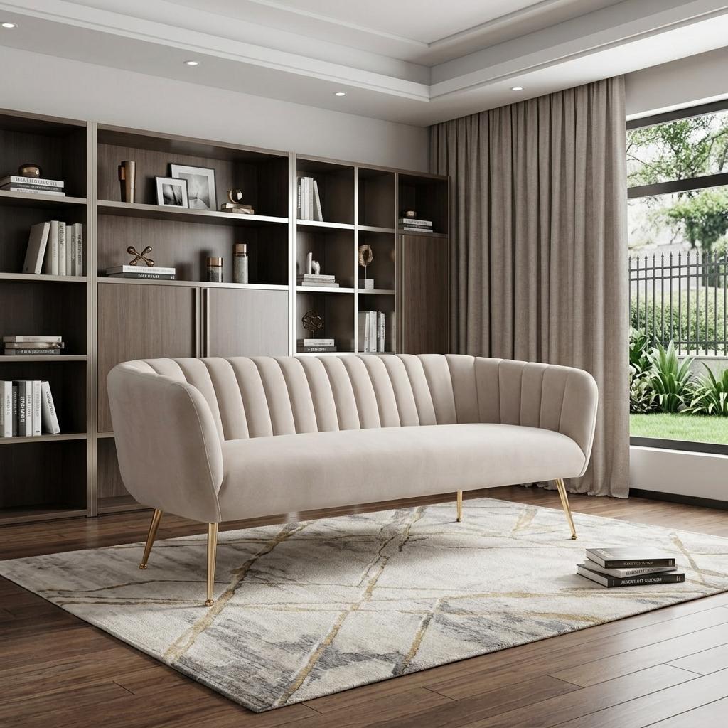 70" Contemporary Beige Velvet Sofa with Gold Legs