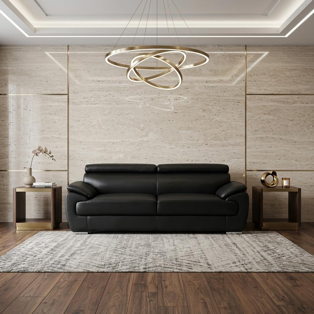 86" Modern Black Leather Sofa with Silver Stainless Steel Legs
