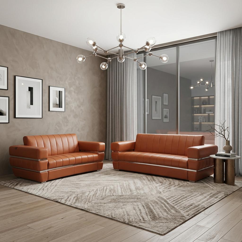 Modern 89" Wide Camel Top Grain Italian Leather 2 Piece Living Room Set