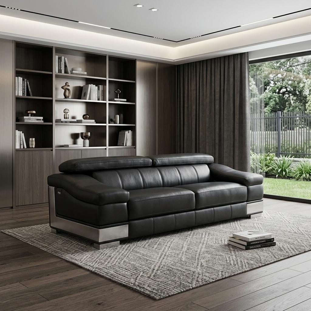 92" Contemporary Black Italian Leather Sofa with Silver Legs