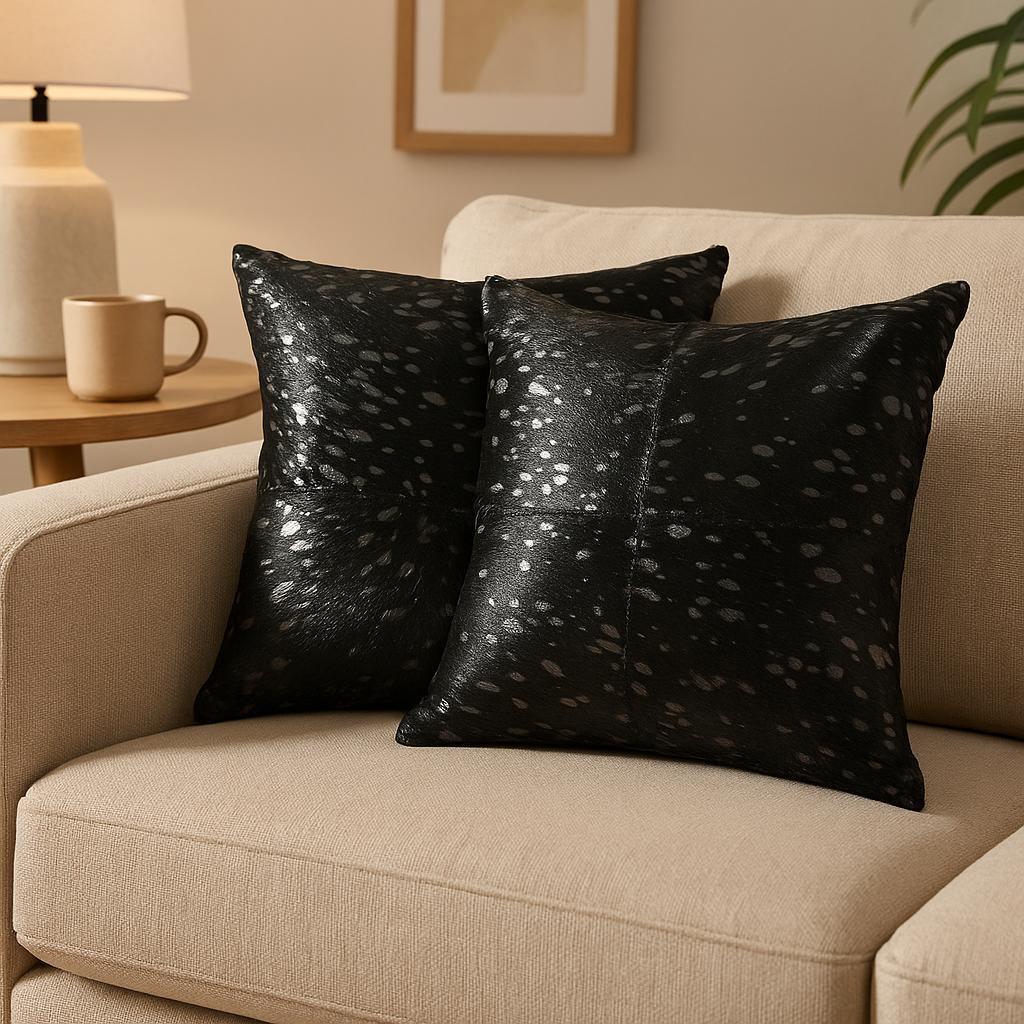 Black and Silver Cowhide Set of 2 Metallic Accent Throw Pillows