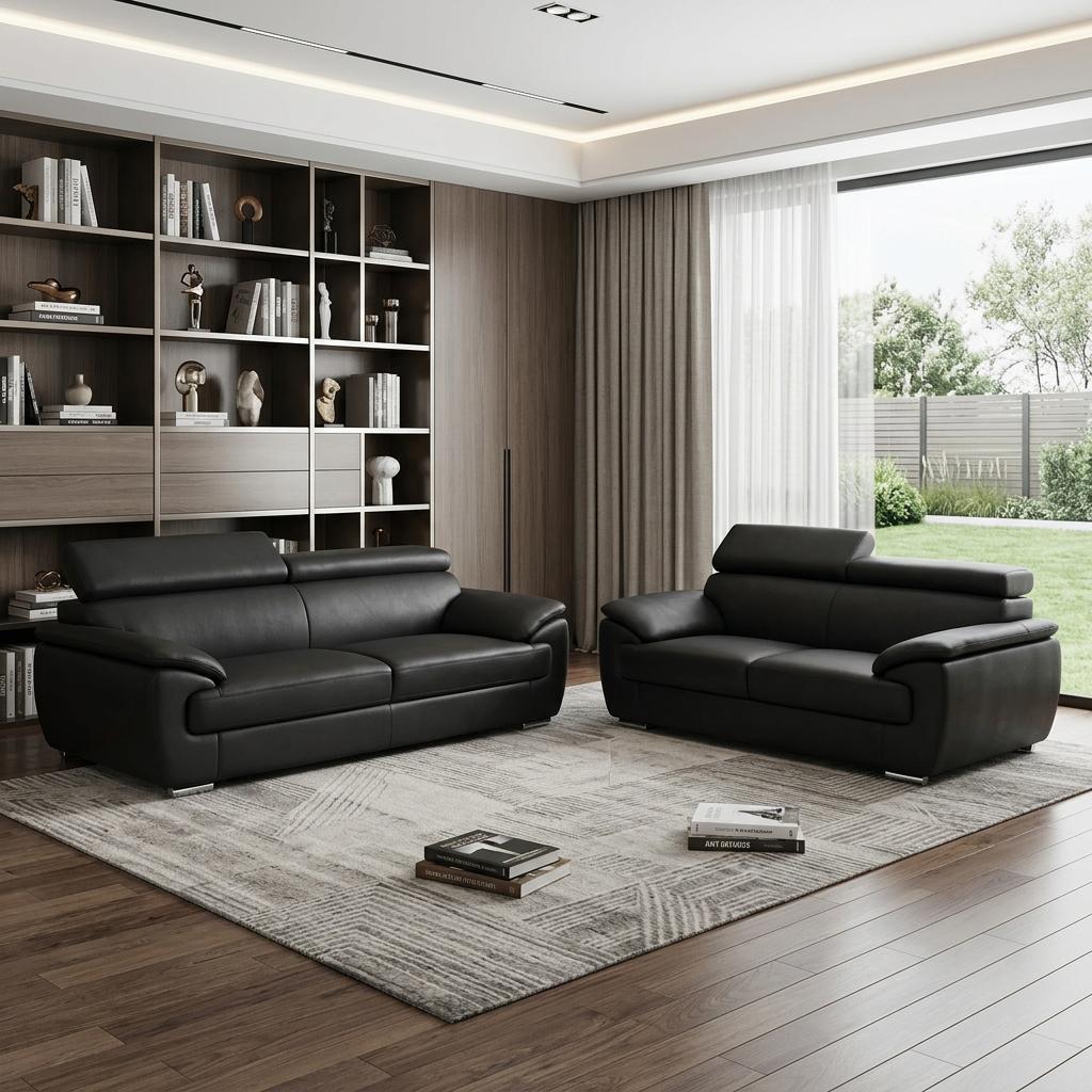 Modern 39" Deep Black Genuine Leather 2 Piece Living Room Set
