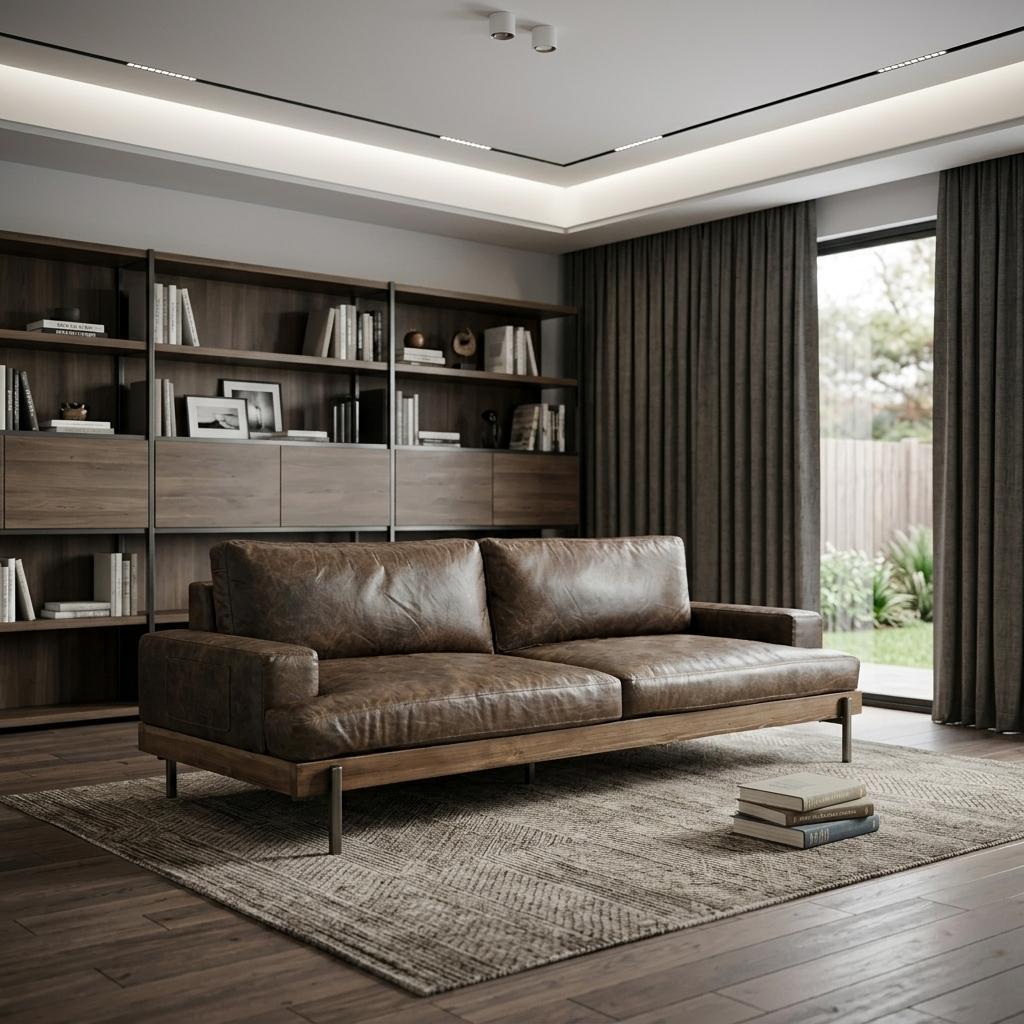 95" Modern Chocolate Top Grain Leather Sofa with Black Metal Legs