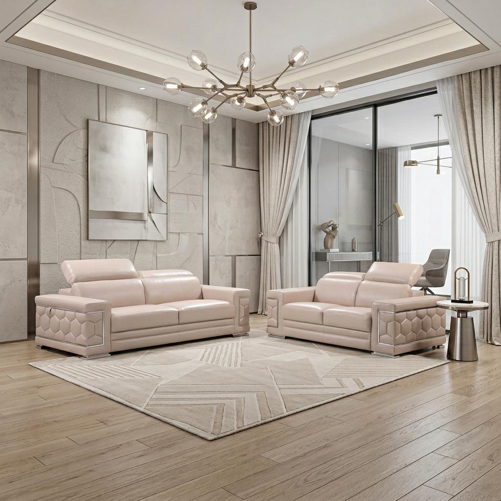 Modern 160" Extra Large Beige Italian Leather 2 Piece Living Room Set