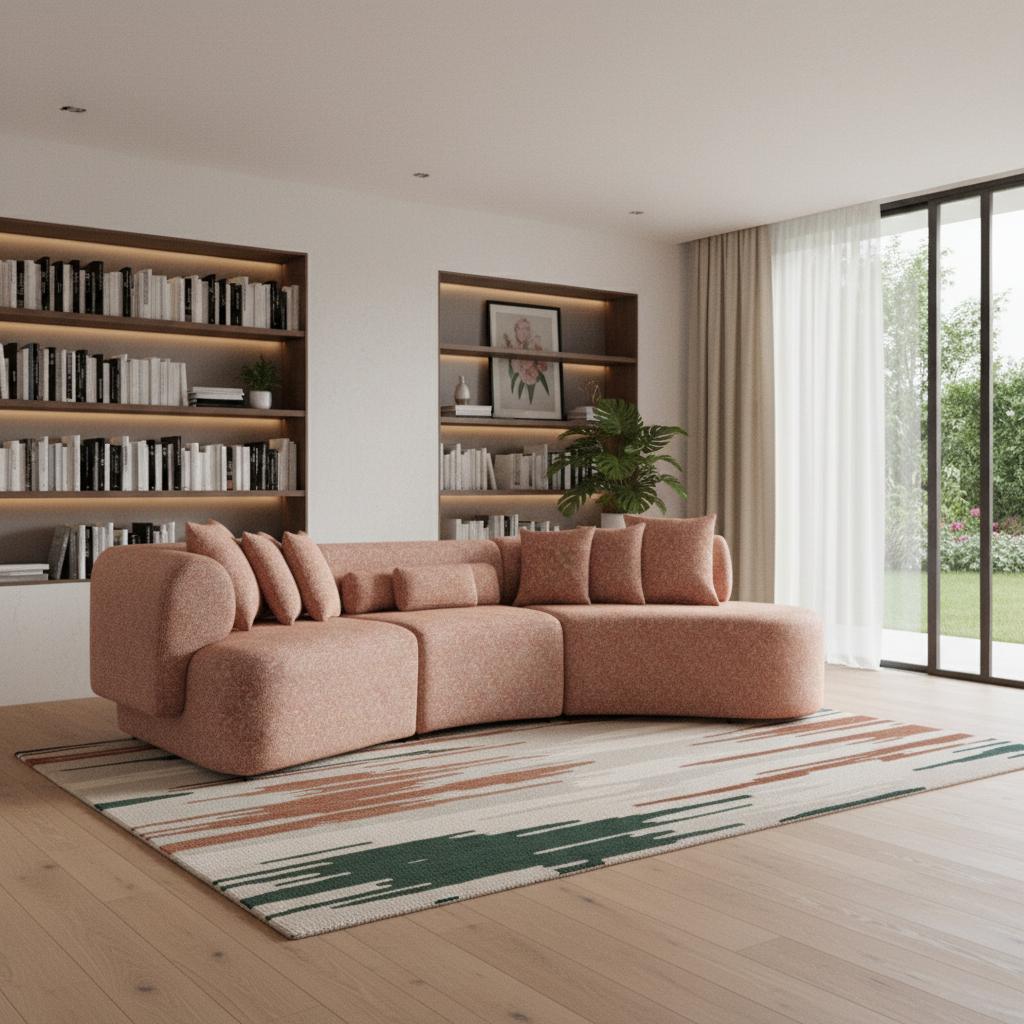 Modern Heathered Orange Boucle Modular Curved 3-Piece Right Hand Facing Sectional Sofa With Toss Pillows