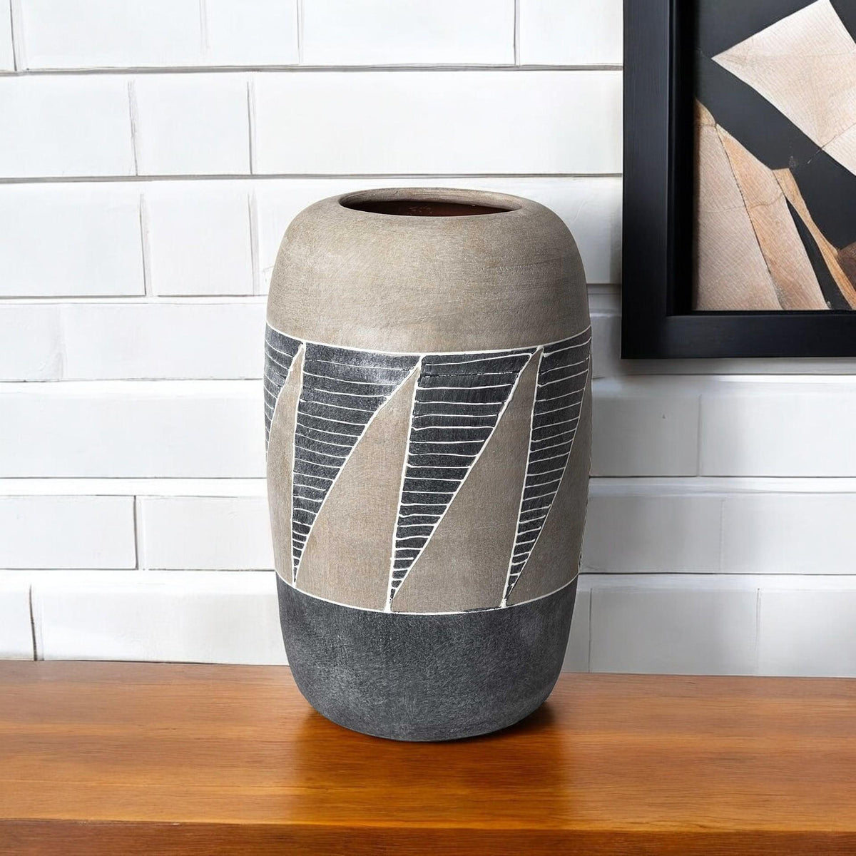 15" Brown and Gray Geometric Cylinder Ceramic Table Vase