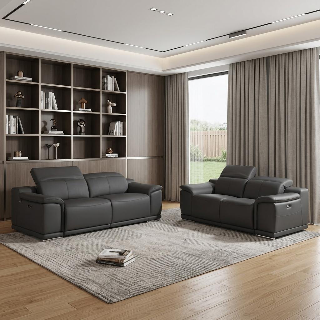 Modern 85.8" Dark Gray Top Grain Italian Leather Power Reclining Living Room Set