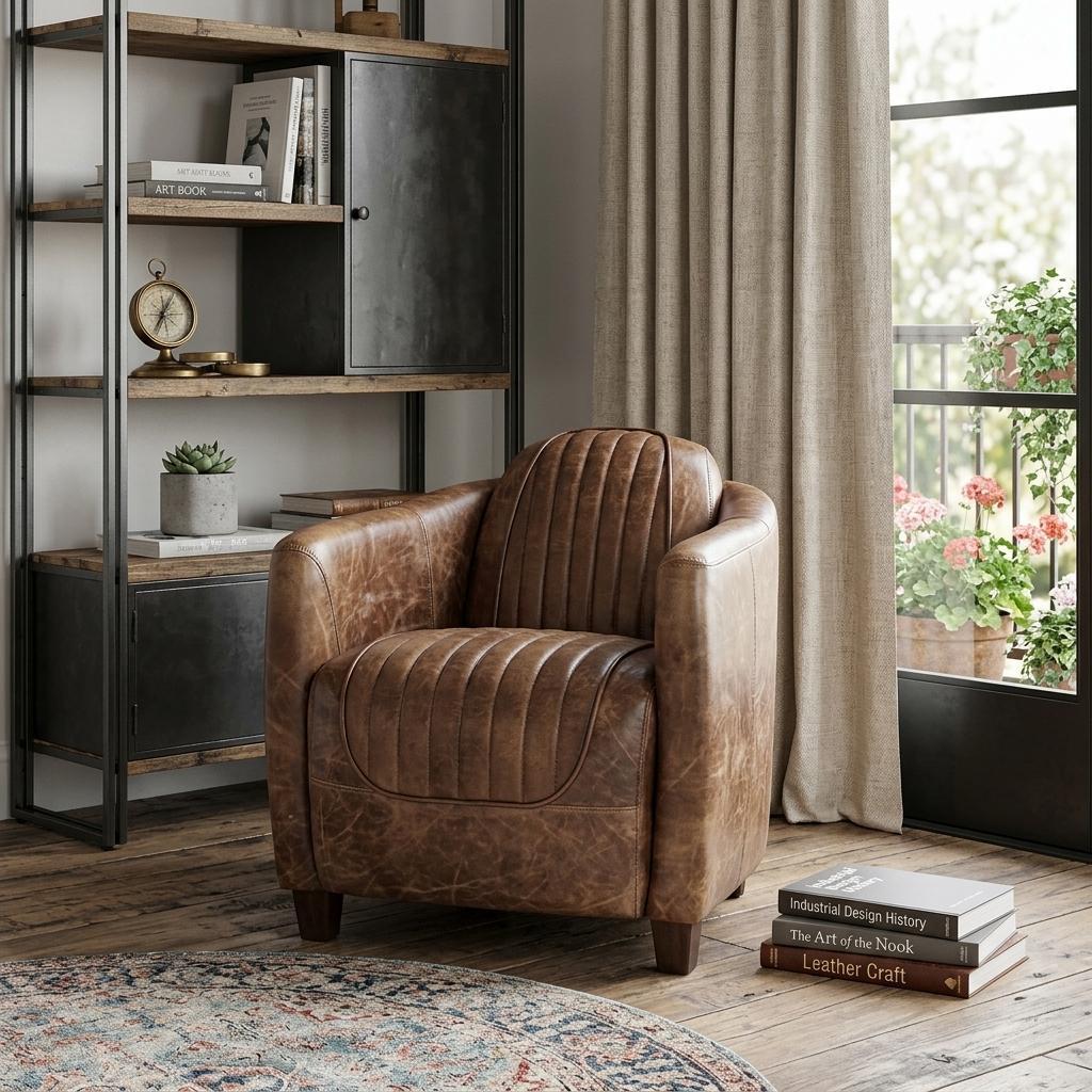 Industrial 29" Distressed Brown Faux Leather Barrel Chair